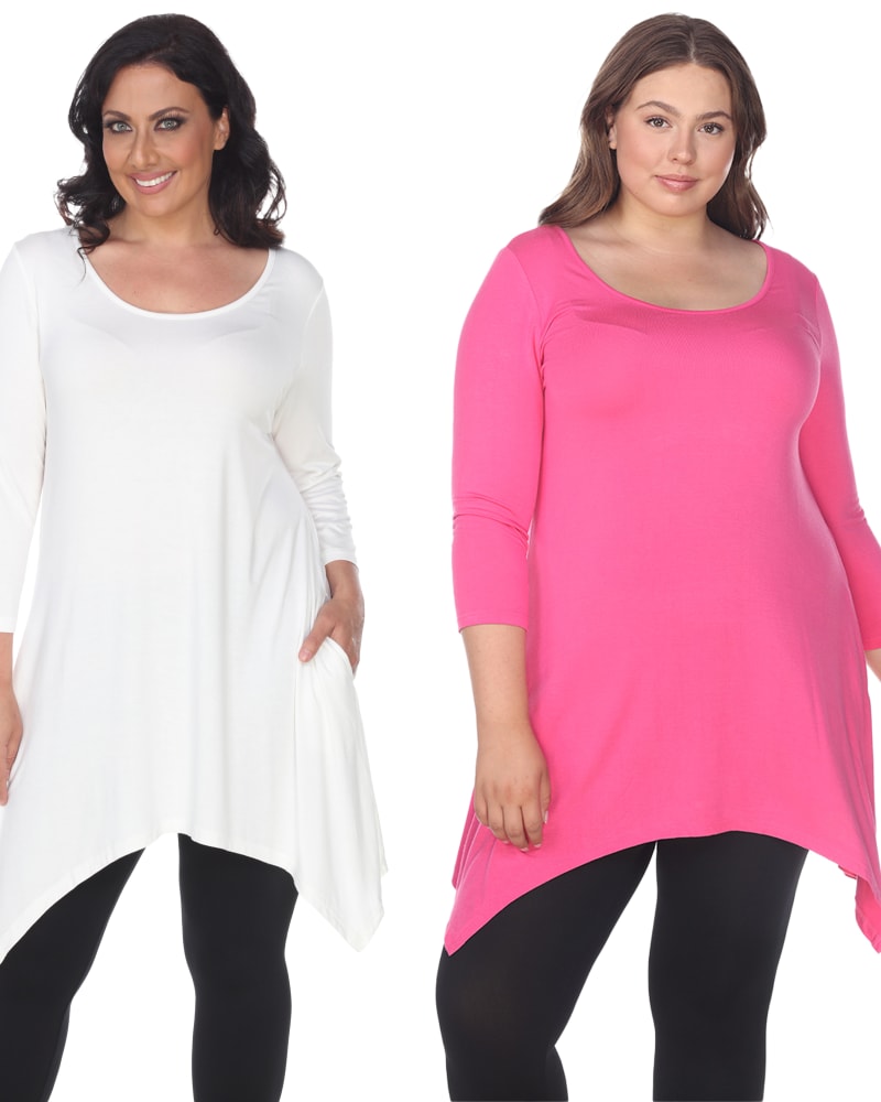 Front of a model wearing a size 1X Essential White Makayla 2-Pack Tunic Top in White Fuchsia by White Mark. | dia_product_style_image_id:250275